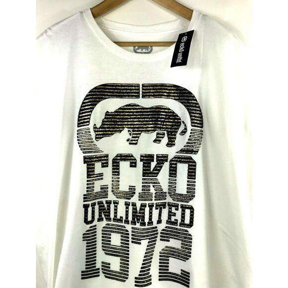 Ecko Unltd Mens M White T-Shirt w Black Rubber Gold Graphic Logo Print Sz Small - Picture 1 of 4